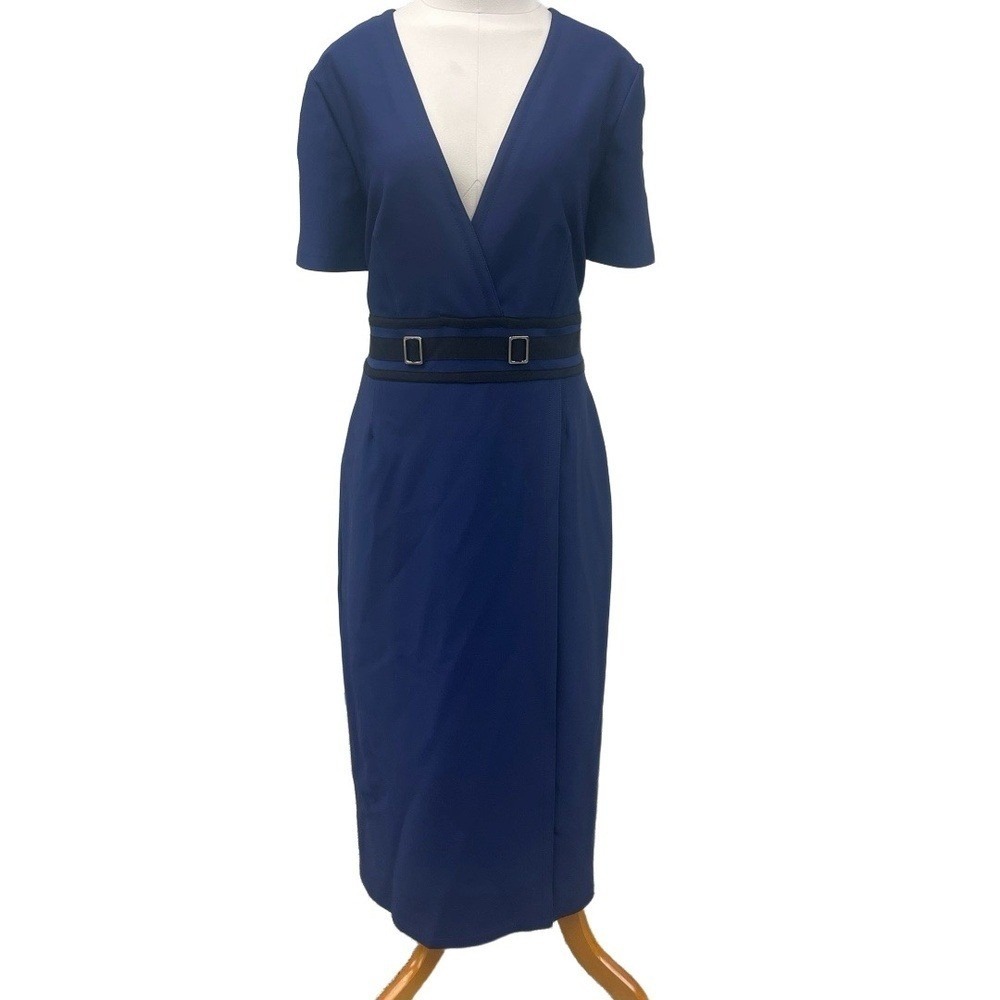 Yigal Azrouel Navy Blue Mechanical Stretch Sheath Dress Size 14 $990 classic USA